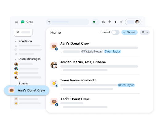 Google Chat 桌面版边栏，显示私信和聊天室列表，包括“Aari's Donut Crew”。