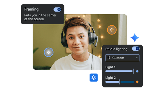Google Meet UI showing video lighting, framing and noise-cancelling features.
