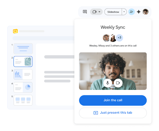 A team member joins a weekly video call from within a Google Slides presentation. 
