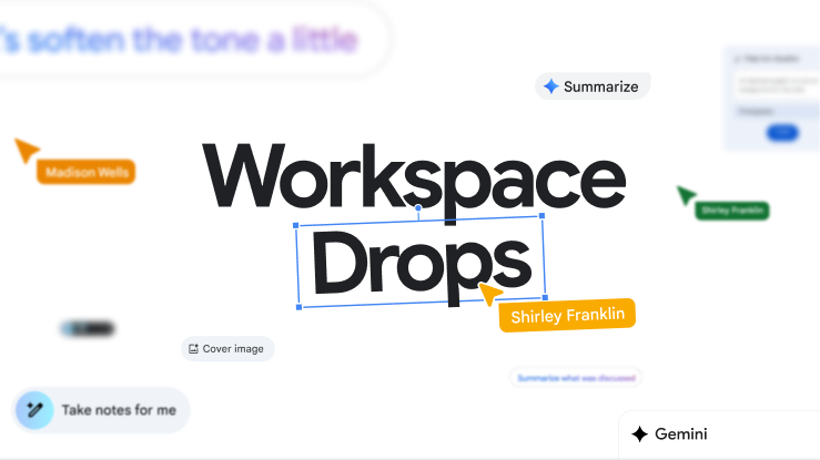 图片中央显示“Workspace 新功能集锦”，周围是各种协作选项和“Gemini”字样。