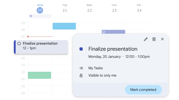 Google Calendar UI displaying an open task card for 'Finalise presentation' overlaying the weekly grid view.