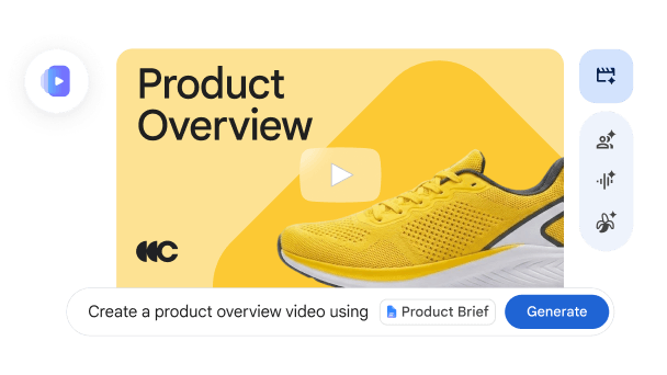 界面显示的是：Google Vids 正在根据 Google 文档中的简报，自动生成一段产品概览视频。