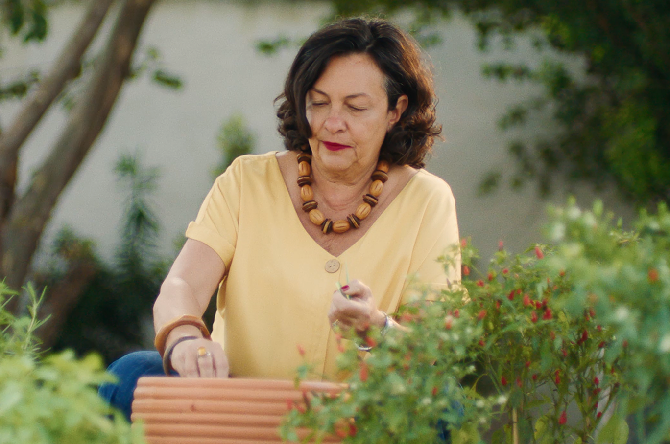 Uma mulher manuseando um vaso de plantas ao redor de uma vegetação.