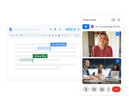 People in a Google Meet call collaborate in real time on a Google Doc.