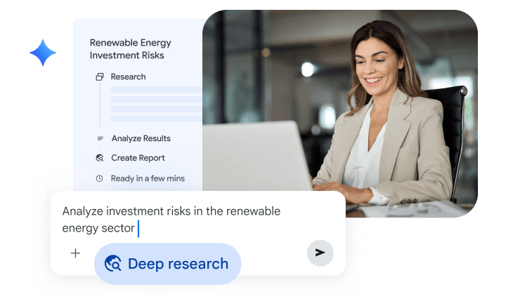 Eine lächelnde Frau an einem Laptop. Daneben ein KI-Prompt der Funktion „Deep Research“ und eine Workflow-Checkliste für eine Risikoanalyse und die Erstellung von Berichten.