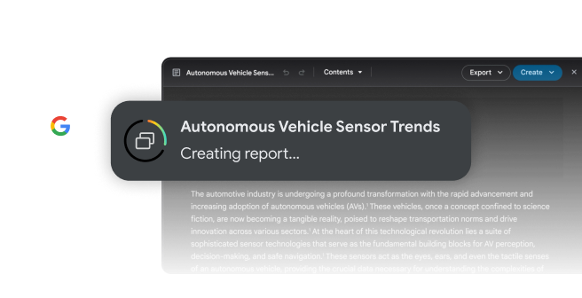 Google interface showing a progress notification for creating an "Autonomous Vehicle Sensor Trends" report.