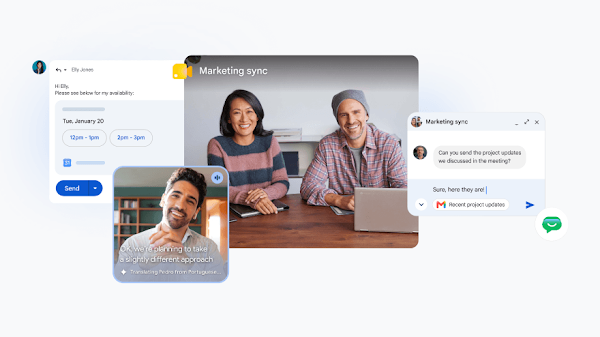 A collage showing several features of Google Workspace with Gemini working during a meeting.