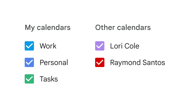 Menu setelan kalender untuk mengaktifkan/menonaktifkan "Kalender saya" dan "Kalender lainnya".