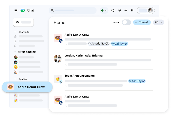 Google Chat 桌面版边栏，显示私信和聊天室列表，包括“Aari's Donut Crew”。