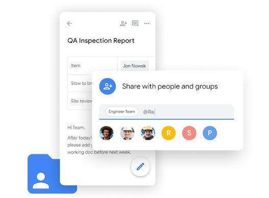 Workspace illustrative graphic – team mates share and edit Google Sheets seamlessly with Google Chat