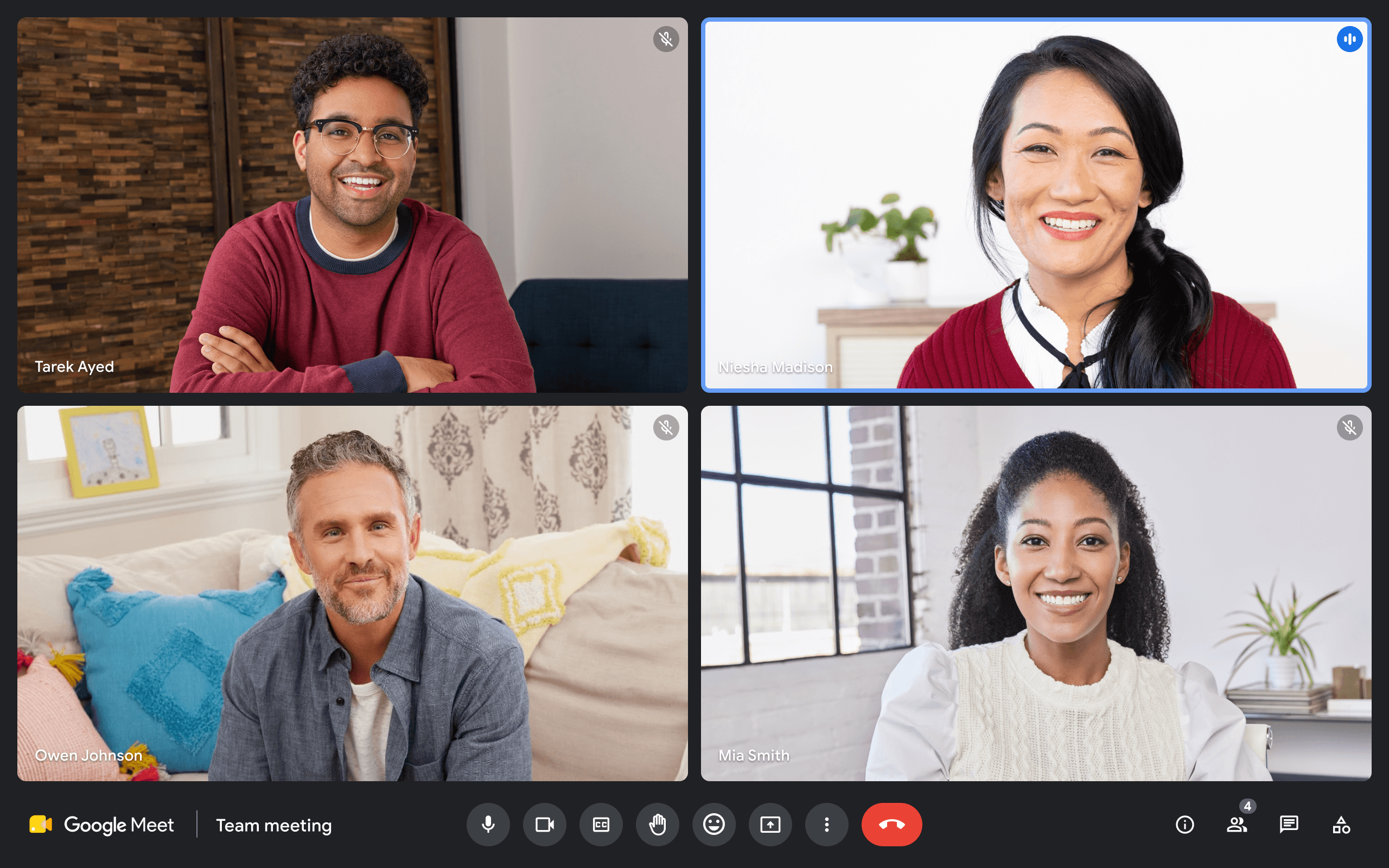 Video conference for a team meeting with four callers 