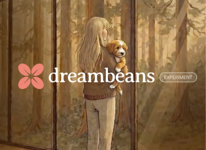 Dreambeans logo overlayed on a artistic drawing of a girl holding a dog in the woods