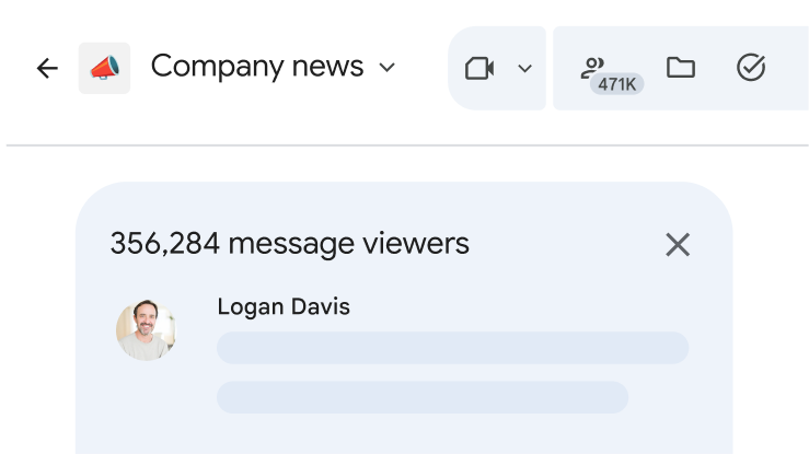 Google Chat 中的公司新闻频道，显示消息观看者的总人数