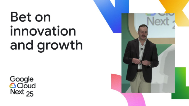 YouTube 播放按钮嵌在一段视频中，该视频是在 Google Cloud Next 25 大会上录制的，讲述了创新和发展