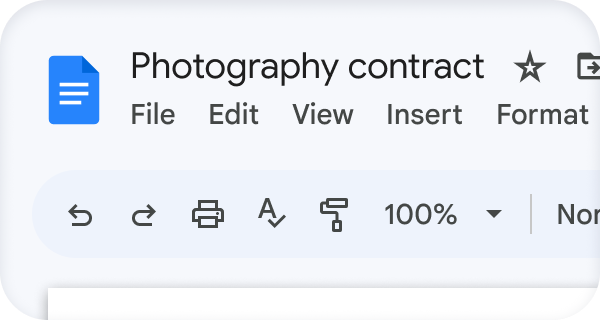Google Dokumentum „Fotográfiai szerződés” címmel 