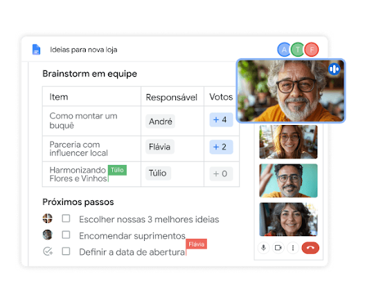 Documentos Google com recursos de comentário e interação durante as reuniões.