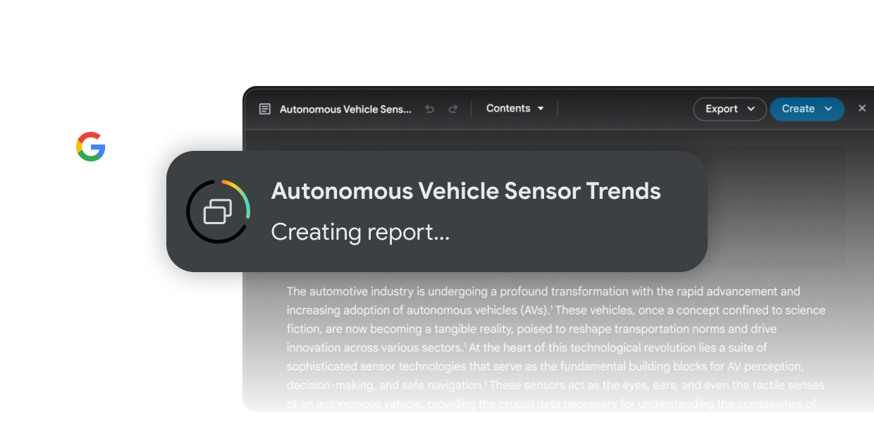 Google interface showing a progress notification for creating an "Autonomous Vehicle Sensor Trends" report.