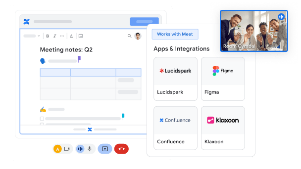 Team collaborating virtually using Meet with apps and integrations such as Lucidspark, Figma, Confluence and Klaxoon.