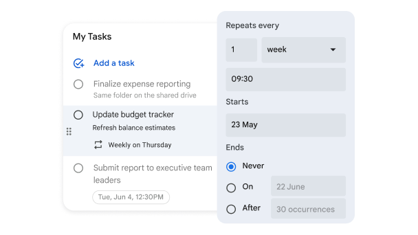 A pop-up window enables the user to set the task called 'Update budget tracker' to repeat every week at 9.30 a.m., starting on 23 May.