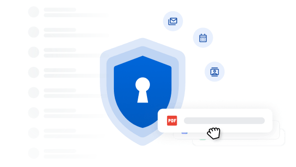 A blue security lock graphic with icons for email, images and calendar floating around it. A cursor drags a PDF document icon.