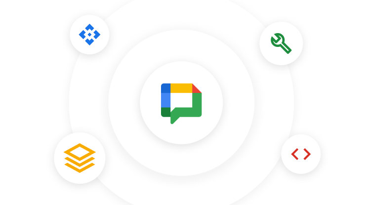 Google Chat 徽标，周围环绕着各种应用图标