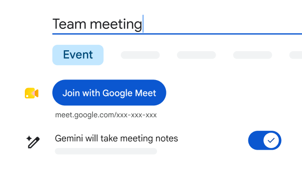 Acara Google Kalender untuk “Rapat tim” dengan fitur “Buat catatan rapat dengan Gemini” diaktifkan.