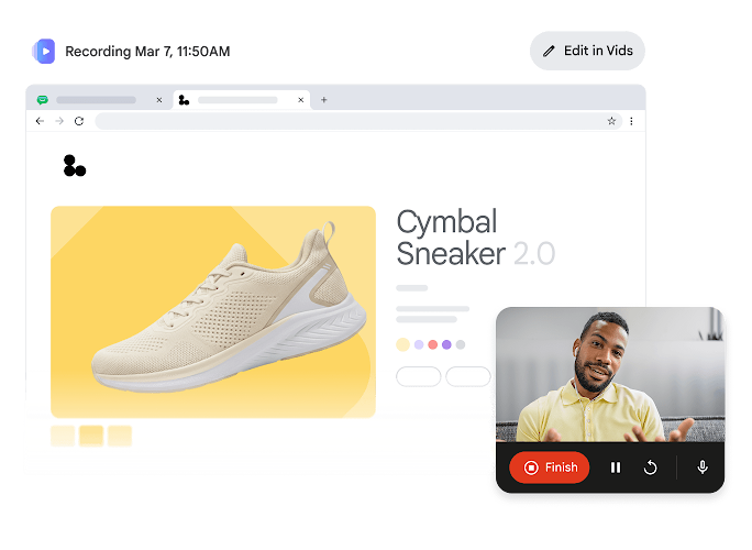 브라우저 창에 'Cymbal Sneaker 2.0' 제품 세부정보 페이지가 표시되어 있습니다. 페이지에는 신발 이미지가 크게 표시되어 있고 색상 및 크기 선택 도구가 있으며, 화면 녹화기가 실행되는 동안 한 남성이 페이지를 설명하는 작은 동영상 오버레이가 있습니다.