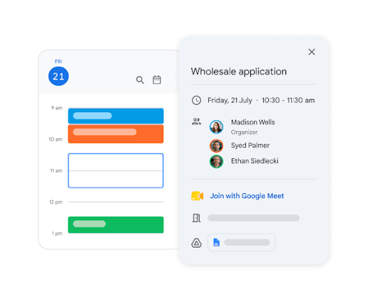 Creating a meeting in Google Calendar with a list of people invited and their availability.