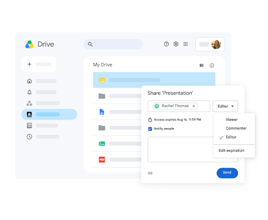 Sharing a file from Drive and changing access to editor with an expiry date
