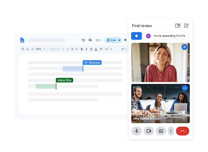 People in a Google Meet call collaborate in real time on a Google Doc.