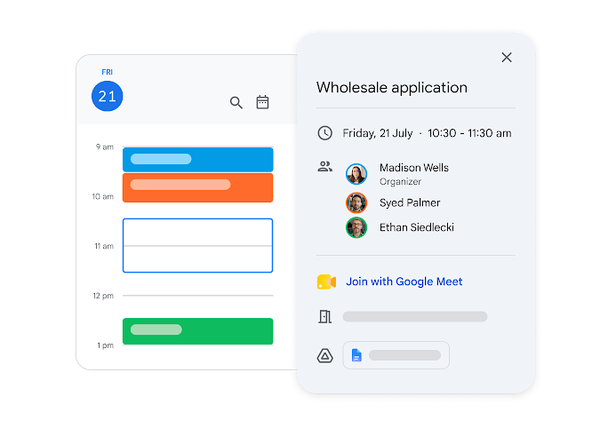 Creating a meeting in Google Calendar with a list of people invited and their availability.