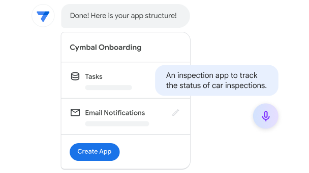 与 AppSheet 的 Chat 对话，详细说明了自定义应用中任务和电子邮件通知的无代码应用结构。