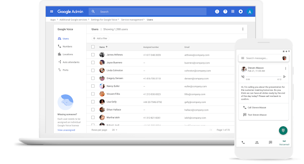 Google Voice admin UI on laptop 