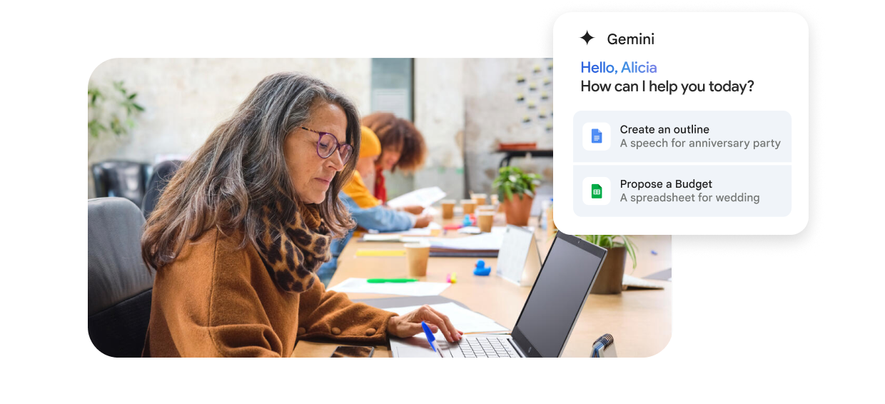 Woman using a laptop with Gemini offering writing suggestions.