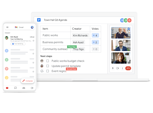 Google Workspace interface graphic – Mobile and desktop collaboration between Gmail, Meet and Docs