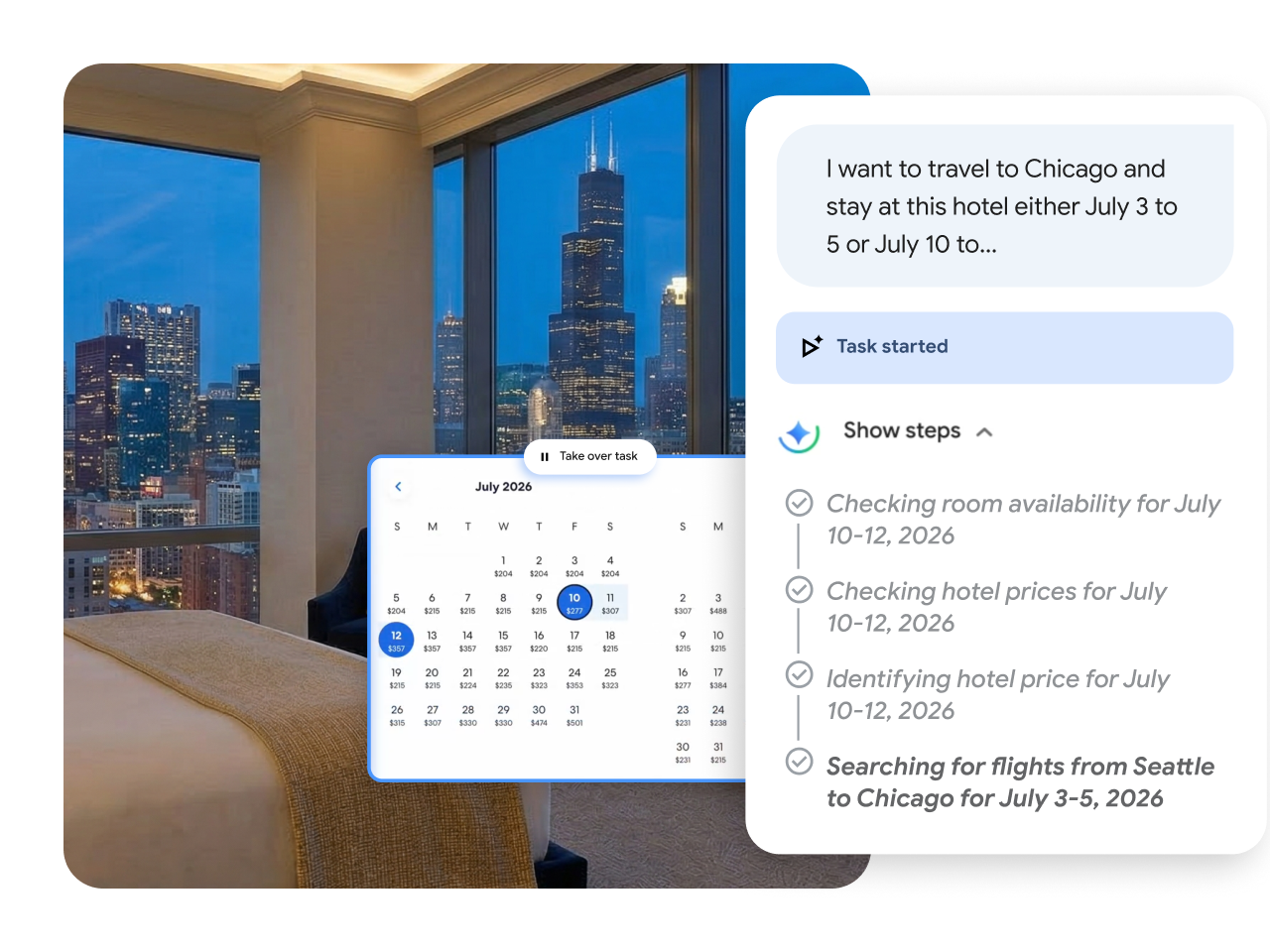 AI travel assistant interface overlaying a Chicago hotel view, showing booking steps and a July 2026 calendar.
