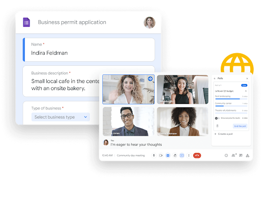 Workspace illustrative graphic – team mates share and edit Google Sheets seamlessly with Google Chat