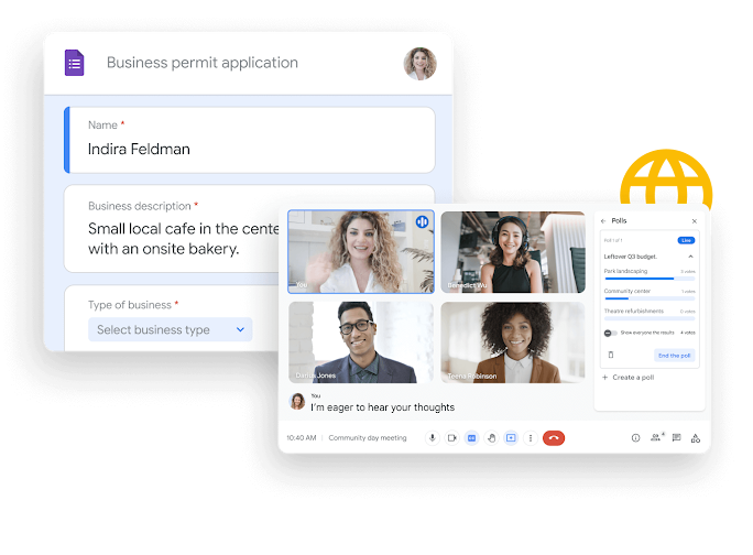 Workspace illustrative graphic – team mates share and edit Google Sheets seamlessly with Google Chat