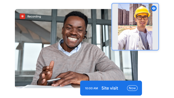 一位男士与现场的一位建筑工人在进行 Google Meet 通话。
