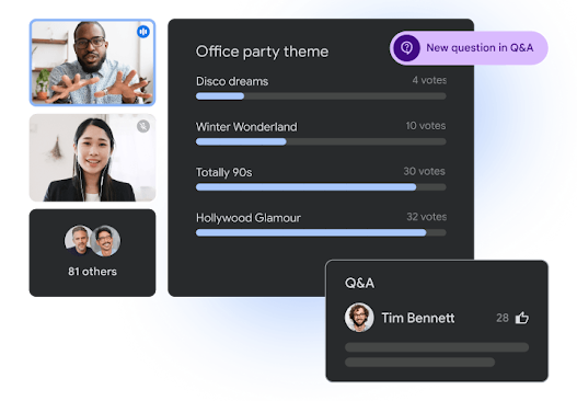 A live poll in Google Meet titled 'Office party theme' next to a Q&A panel.