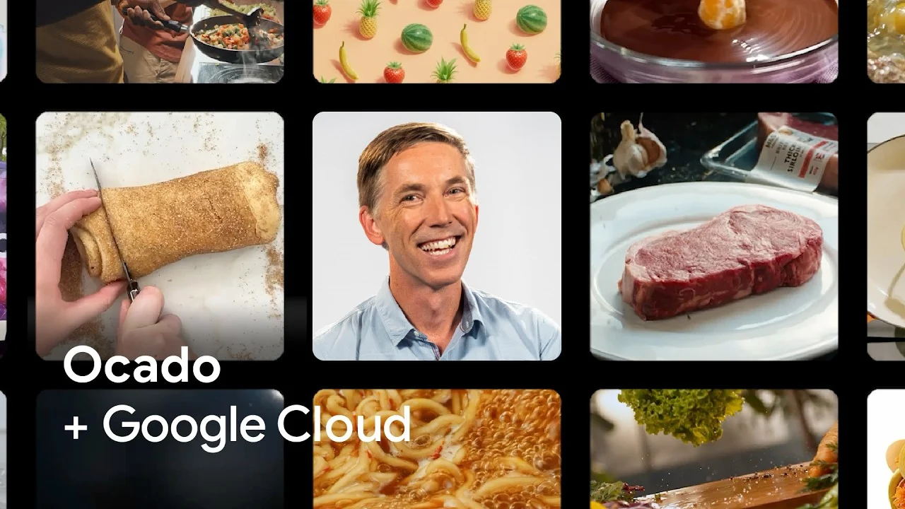 A grid of food and cooking images featuring a smiling man in the center, with text overlay reading "Ocado + Google Cloud