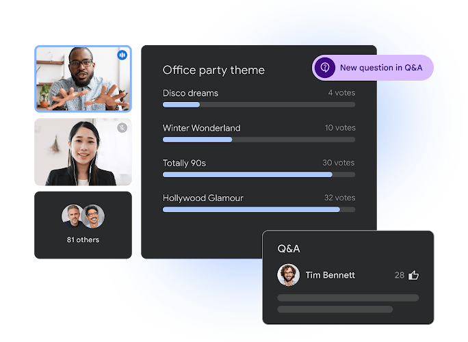 A live poll in Google Meet titled 'Office party theme' next to a Q&A panel.