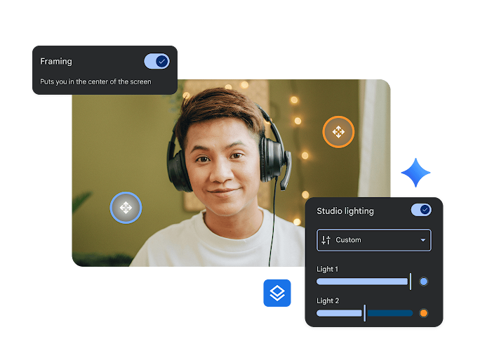 Google Meet UI showing video lighting, framing and noise-cancelling features.