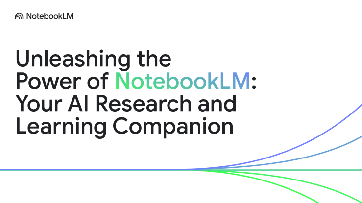 A title slide that reads 'Unleashing the power of NotebookLM: Your AI research and learning companion', with a stylised graph.