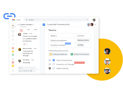 Google Workspace Interface graphic – teammates edit a doc together while chatting live