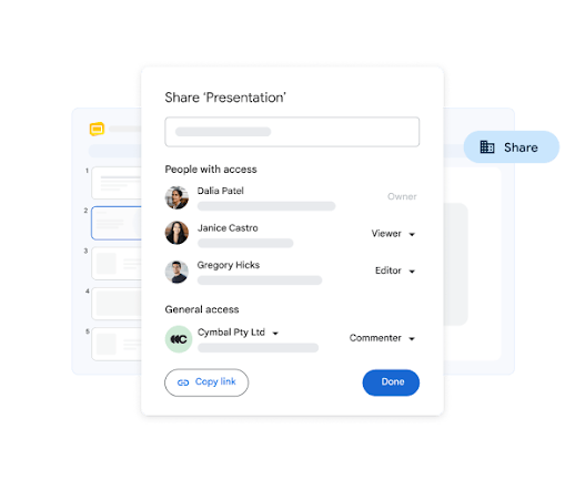 A pop-up window enables a creator to manage sharing permissions on a slide deck.
