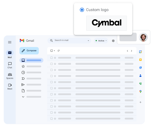 Eine stilisierte Ansicht der Gmail-Oberfläche mit dem benutzerdefinierten Logo des Kundenunternehmens im Vordergrund