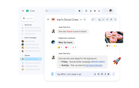 Google Chat 对话，其中显示了一条包含甜甜圈图片的消息、一些回应，以及一条列出了新产品发布后续步骤的消息。