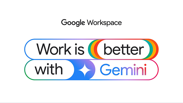画面中央是“Google Workspace”字样和多彩的圆角横幅“有了 Gemini，工作更出彩”。