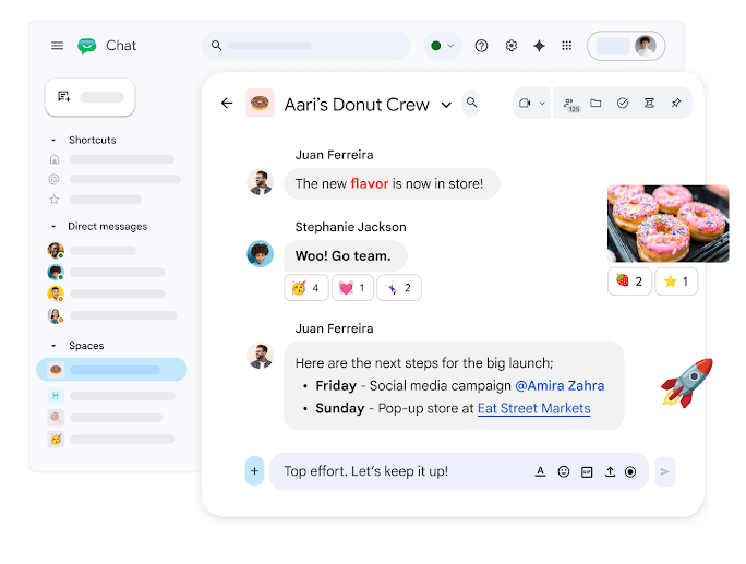 Google Chat 对话，其中显示了一条包含甜甜圈图片的消息、一些回应，以及一条列出了新产品发布后续步骤的消息。